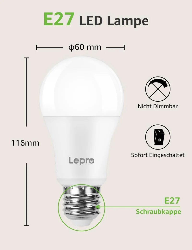 Lepro 13.5W E27 LED Warmweiss, ersetzt 100W Halogenlampe, 1521 Lumen Glühbirne E27, 2700K Warmweiß A60 LED Birne, 200° Energiesparlampe, Nicht Dimmbar, 12 Stück [Energieklasse E]