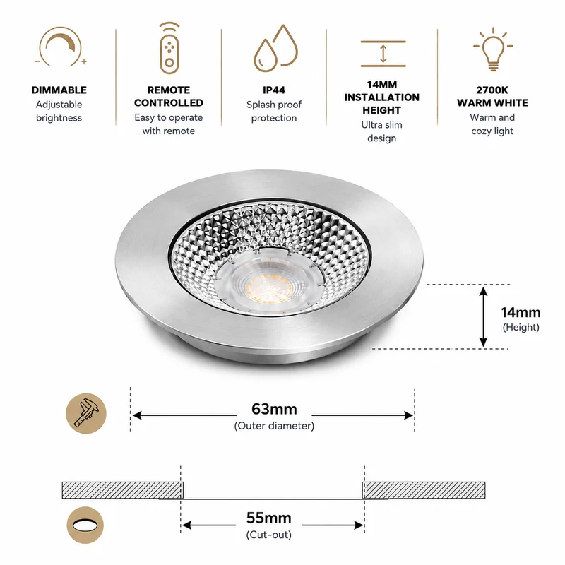 8x Baston LED Einbaustrahler Küche Ø55mm | dimmbare Küchenbeleuchtung | Unterbauleuchte Küche & Schrankbeleuchtung | 2700K | inkl. Fernbedienung | 3W | Silber