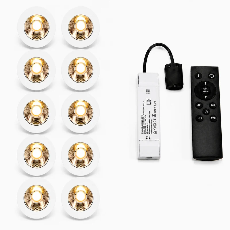 10x Baston LED Einbaustrahler Küche Ø55mm | dimmbare Küchenbeleuchtung | Unterbauleuchte Küche & Schrankbeleuchtung | 2700K | inkl. Fernbedienung | 3W | Weiß