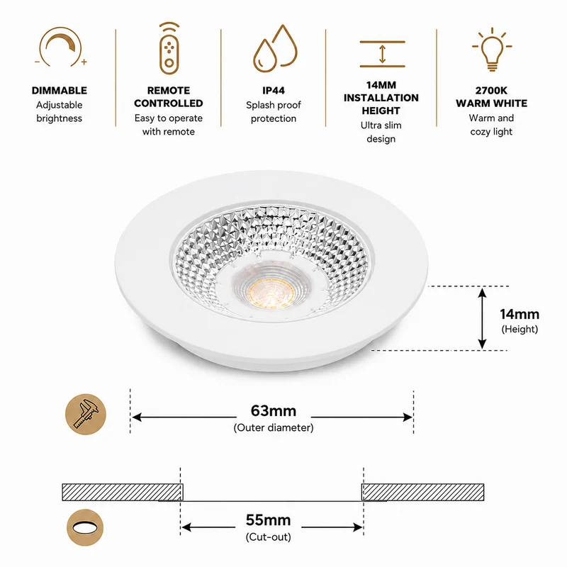 10x Baston LED Einbaustrahler Küche Ø55mm | dimmbare Küchenbeleuchtung | Unterbauleuchte Küche & Schrankbeleuchtung | 2700K | inkl. Fernbedienung | 3W | Weiß