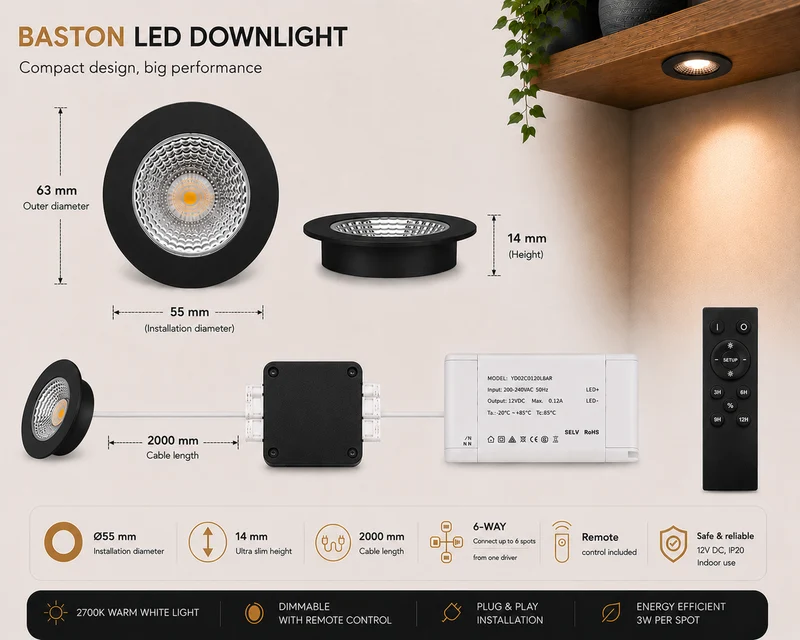 6x Baston LED Einbaustrahler Küche Ø55mm | dimmbare Küchenbeleuchtung | Unterbauleuchte Küche & Schrankbeleuchtung | 2700K | inkl. Fernbedienung | 3W | Schwarz