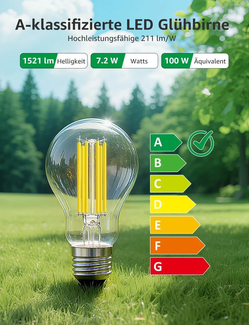 Lepro Energieklasse A E27 LED Warmweiss, 7.2W 1521 Lumen Glühbirne E27, Nicht Dimmbar, A60 Led Birne, 2700 Kelvin Warmweiß, 300° Abstrahlwinkel Energiesparlampe, ersetzt 100W Leuchtmittel, 1 Stück