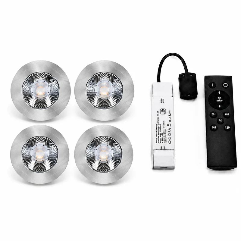 4x Baston LED Einbaustrahler Küche Ø55mm | dimmbare Küchenbeleuchtung | Unterbauleuchte Küche & Schrankbeleuchtung | 2700K | inkl. Fernbedienung | 3W | Silber