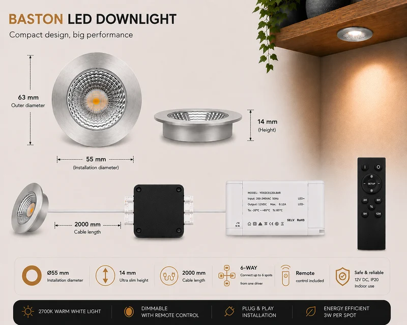 4x Baston LED Einbaustrahler Küche Ø55mm | dimmbare Küchenbeleuchtung | Unterbauleuchte Küche & Schrankbeleuchtung | 2700K | inkl. Fernbedienung | 3W | Silber