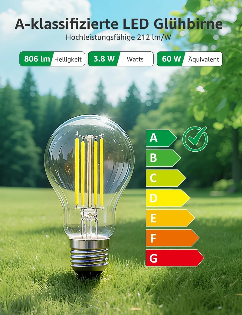 Lepro Energieklasse A E27 LED Warmweiss, 3.8W 806 Lumen Glühbirne E27, Nicht Dimmbar, A60 Led Birne, 2700 Kelvin Warmweiß, 300° Abstrahlwinkel Energiesparlampe, ersetzt 60W Leuchtmittel, 4 Stück