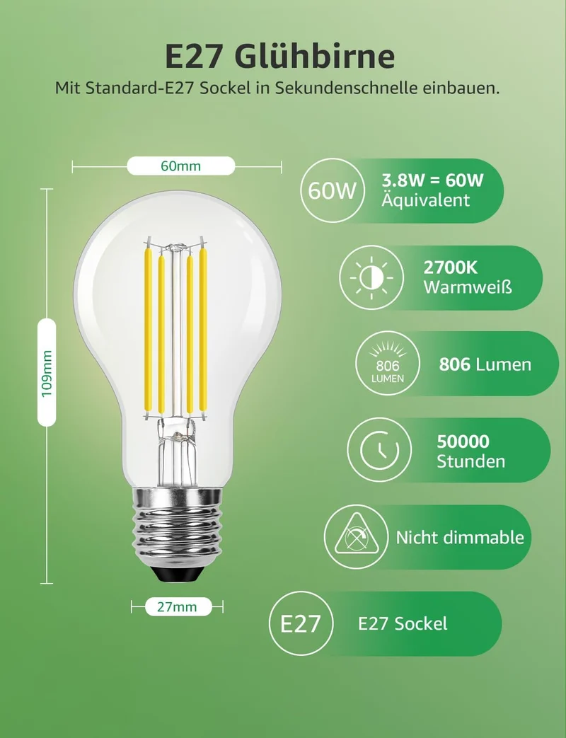 Lepro Energieklasse A E27 LED Warmweiss, 3.8W 806 Lumen Glühbirne E27, Nicht Dimmbar, A60 Led Birne, 2700 Kelvin Warmweiß, 300° Abstrahlwinkel Energiesparlampe, ersetzt 60W Leuchtmittel, 4 Stück