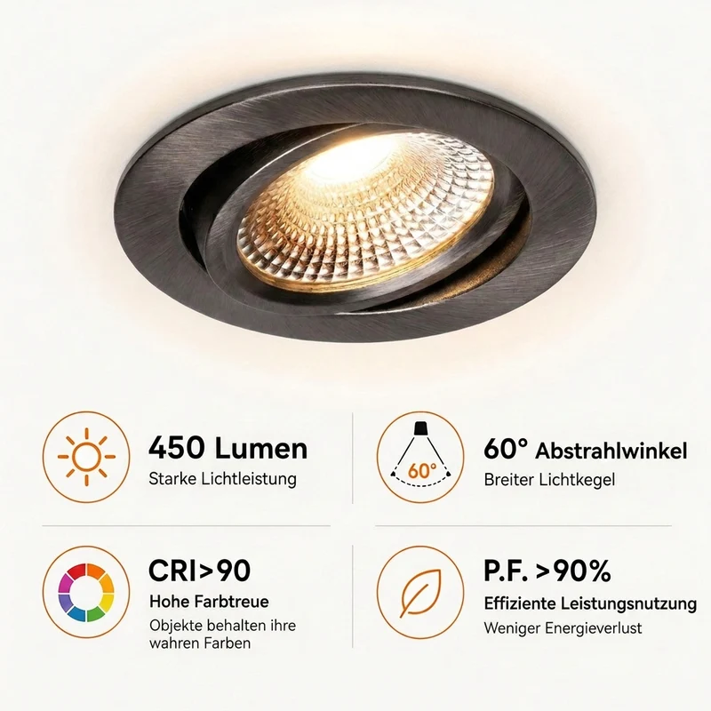 LED-Einbaustrahler Gunmetal | 5W | CCT-Switch | Rund | Dimmbar | Geringe Einbautiefe | 68-78mm Sägeschnitt