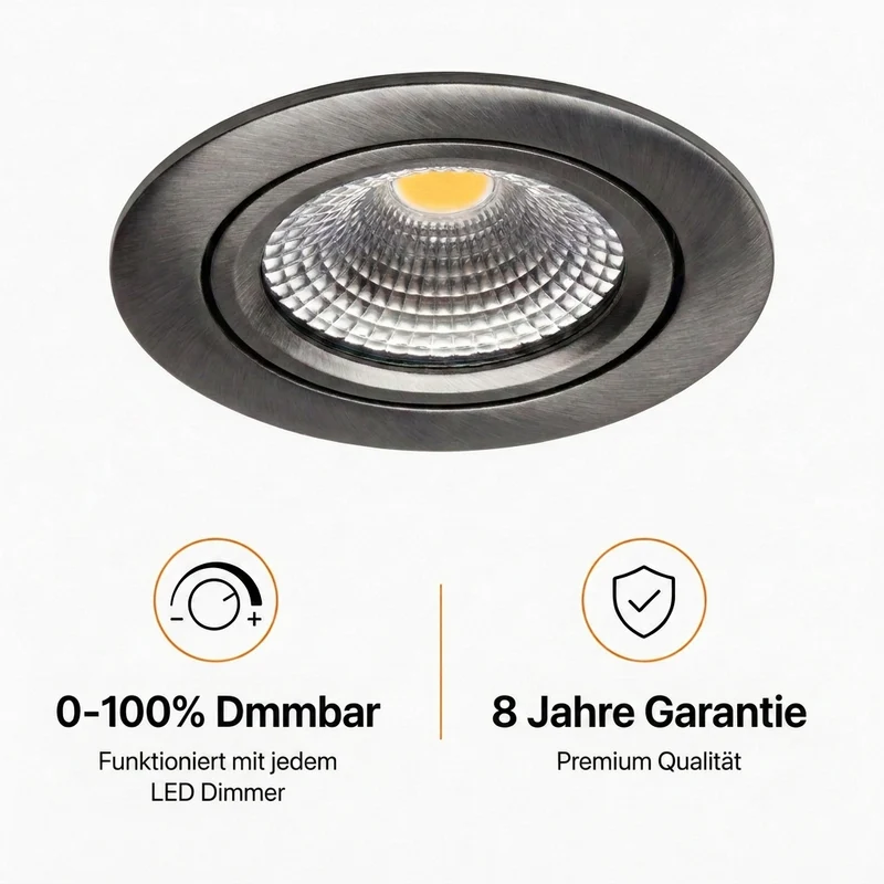 LED-Einbaustrahler Gunmetal | 5W | CCT-Switch | Rund | Dimmbar | Geringe Einbautiefe | 68-78mm Sägeschnitt
