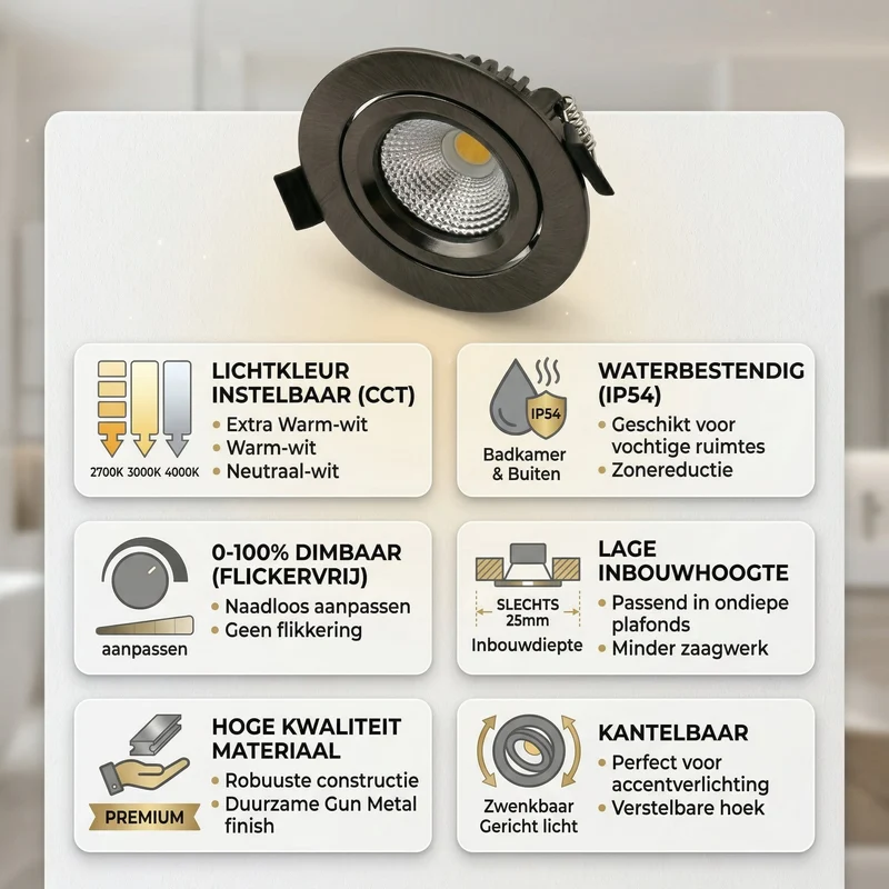 LED-Einbaustrahler Gunmetal | 5W | CCT-Switch | Rund | Dimmbar | Geringe Einbautiefe | 68-78mm Sägeschnitt