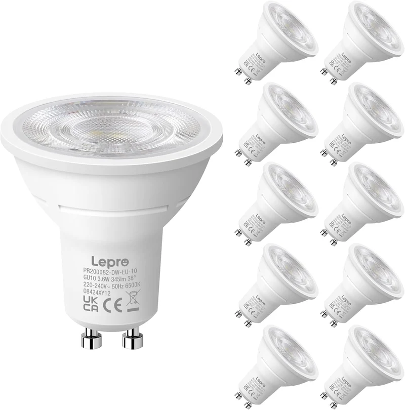 Lepro GU10 LED Kaltwei? Lampe 3.6W, 6500K, 345 Lumen, 38¡ã Spot, CRI>80, Nicht dimmbar, Energiesparend >92%, LED Reflektorlampe, Ersatz f¨¹r 50W Lampen, 10er Pack