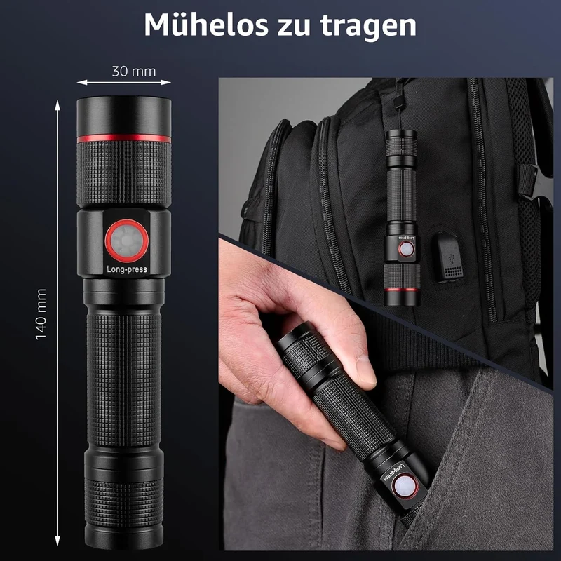 Lepro Taschenlampe LED Aufladbar, USB A-C Klein Taschenlampe Extrem Hell, 5 Lichtmodi, IPX4 Wasserdicht, Zoombare Flashlight f¨¹r Kinder, Camping, Wandern, Notf?lle (2er-Pack)