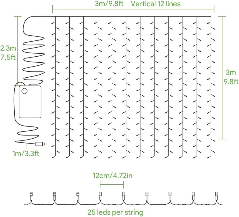 LE Lichtervorhang 3 * 3m, USB Lichterketten Vorhang 300 LEDs Warmwei?, 8 Modi Dimmbare Kupferdraht, Lichterkette Batterie f¨¹r Au?en Innen Deko Schlafzimmer, Partydekoration, Weihnachten, Hochzeit