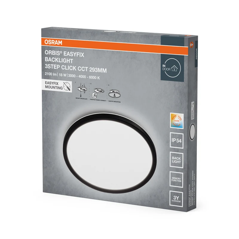 OSRAM ORBIS EASYFIX LED Backlight Deckenleuchte 29,3cm 18W 3Step Click CCT IP54, schwarz