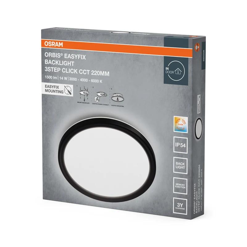 OSRAM ORBIS EASYFIX LED Backlight Deckenleuchte 22cm 14W 3Step Click CCT IP54, schwarz