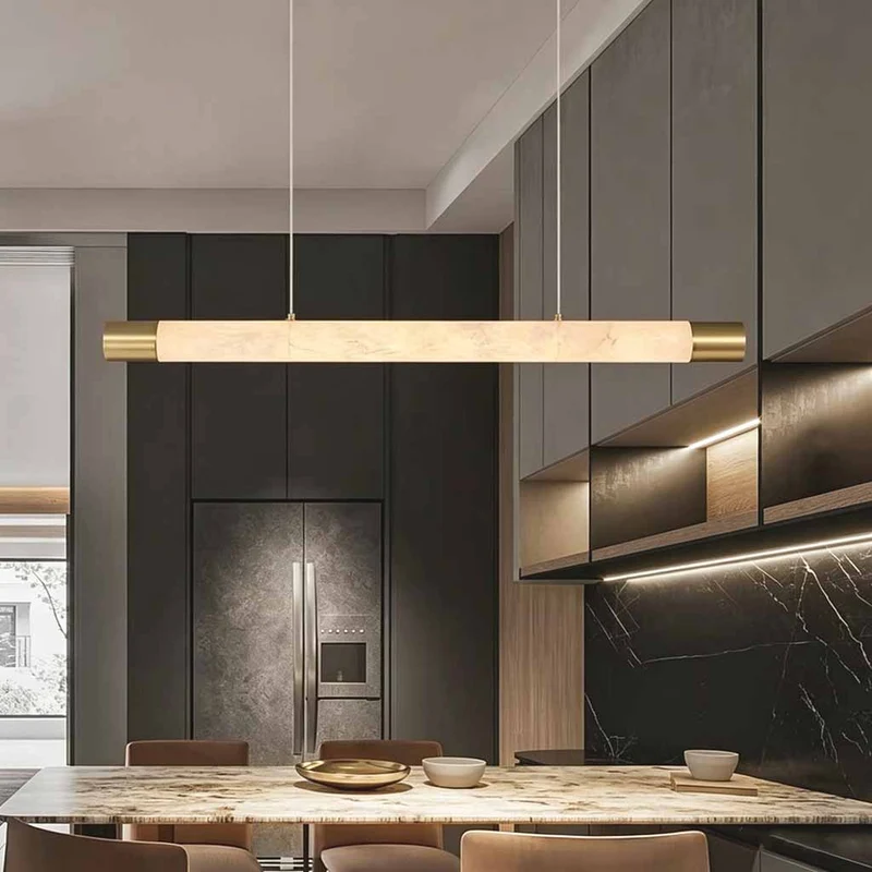 Strip Pendant Light Brass Alabaster Linear LED