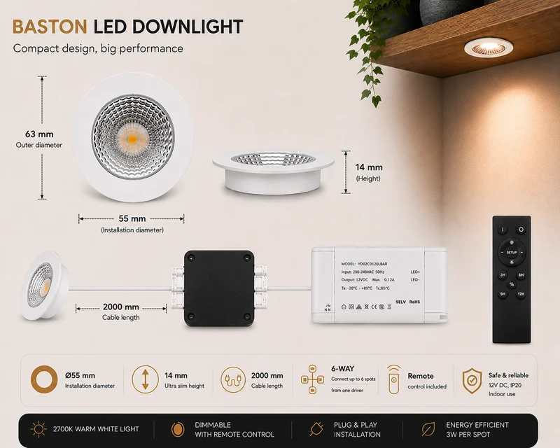 4x Baston LED Einbaustrahler Küche Ø55mm | dimmbare Küchenbeleuchtung | Unterbauleuchte Küche & Schrankbeleuchtung | 2700K | inkl. Fernbedienung | 3W | Weiß