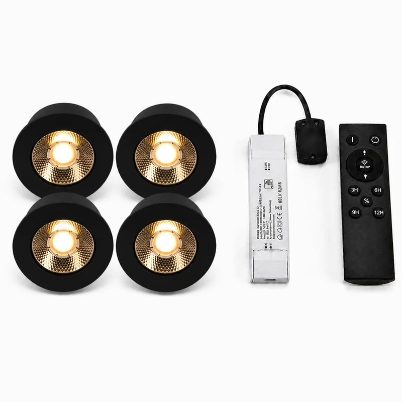 4x Baston LED Einbaustrahler Küche Ø55mm | dimmbare Küchenbeleuchtung | Unterbauleuchte Küche & Schrankbeleuchtung | 2700K | inkl. Fernbedienung | 3W | Schwarz