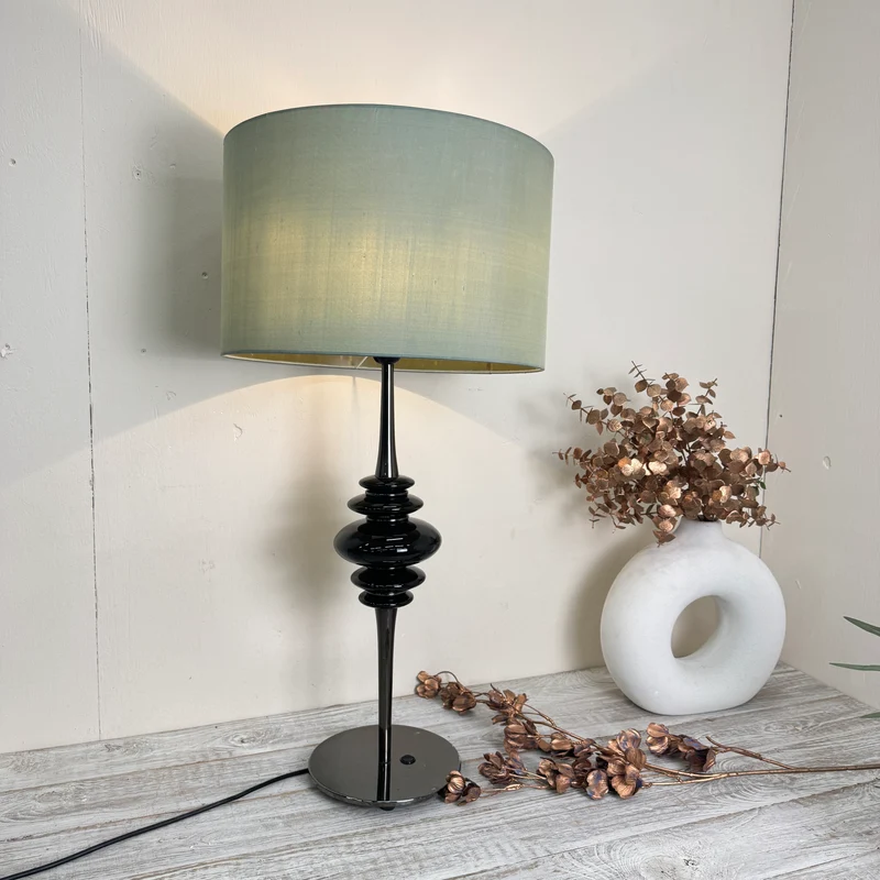 Designer Tischleuchte Stoffschirm Chrom Schwarz Nachttischlampe Lampe Gebraucht