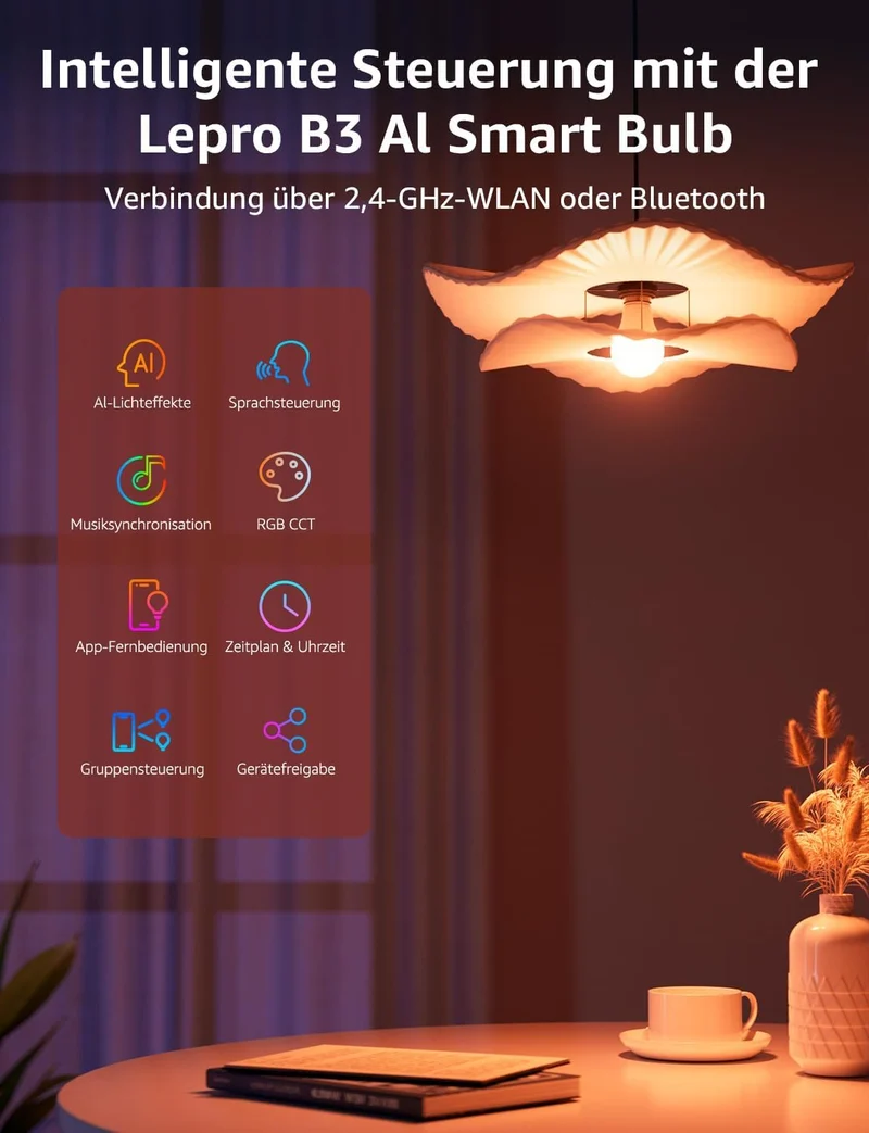 Lepro Al Smart Glühbirne B3, E27 WLAN/Bluetooth Smart Bulb 1521lm Dimmbar, Foto-zu-Licht, Personalisierter KI-Lichtdesigner, Sprachsteuerung/Musik Sync, Kompatibel mit Alexa/Google Assistant