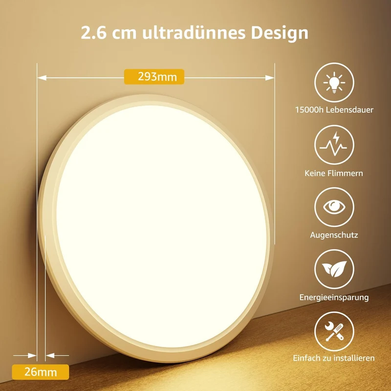 Lepro Deckenlampe 24W, IP44 Wasserfest Deckenleuchte，3000K 2400LM Badezimmer Lampe, Warmweiß Deckenleuchte Badezimmer, ideal Badezimmerlampe Decke für Bad Schlafzimmer Wohnzimmer, Ø29.3cm, 2 Stücke