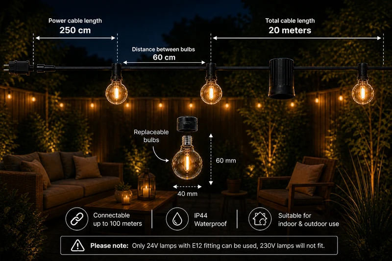 20M Lichterkette mit Fernbedienung | Inkl. 36x LED Lampen | DIMMBAR | 1W | 2700K | 24V | Plug & Play | Koppelbar