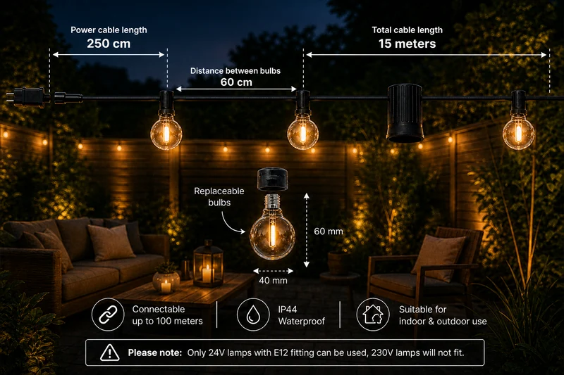15M Lichterkette mit Fernbedienung | Inkl. 25x LED-Lampen | DIMMBAR | 1W | 2700K | 24V | Plug & Play | Verbindbar