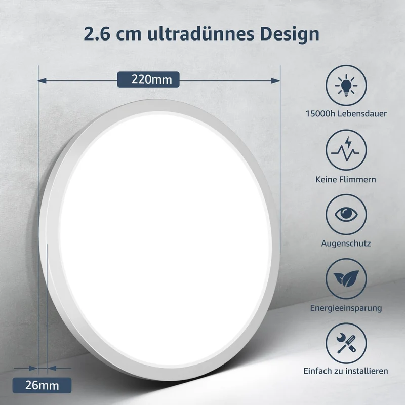 Lepro Deckenlampe 18W, IP44 Wasserfest Deckenleuchte，3000K 1800LM Badezimmer Lampe, Warmweiß Deckenleuchte Badezimmer, ideal Badezimmerlampe Decke für Bad Schlafzimmer Flur Küche Wohnzimmer, Ø22cm
