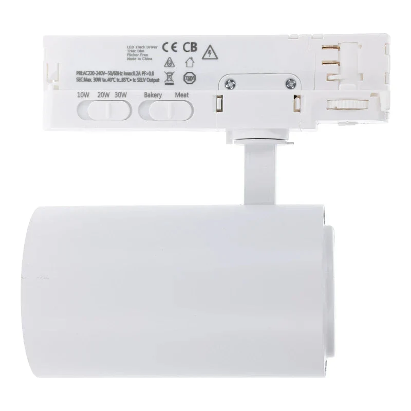 3-Phasen-Schienenstrahler für Lebensmittel | Rosalin | 10W-20W-30W-Leistungsschalter | Weiß | Farbtemperaturschalter | Dimmbar