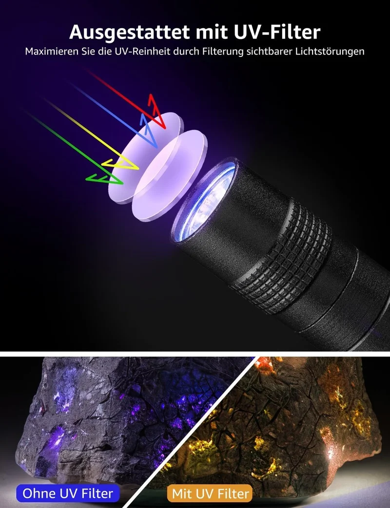 Lepro UV Taschenlampe, 365nm UV Lampe mit Clip, Batteriebetrieben Schwarzlicht Taschenlampe, Vielseitig & Tragbar Bernstein Lampe für Lecksuche, Haustierurin und Falschgeld-Erkennung (2 Stück)