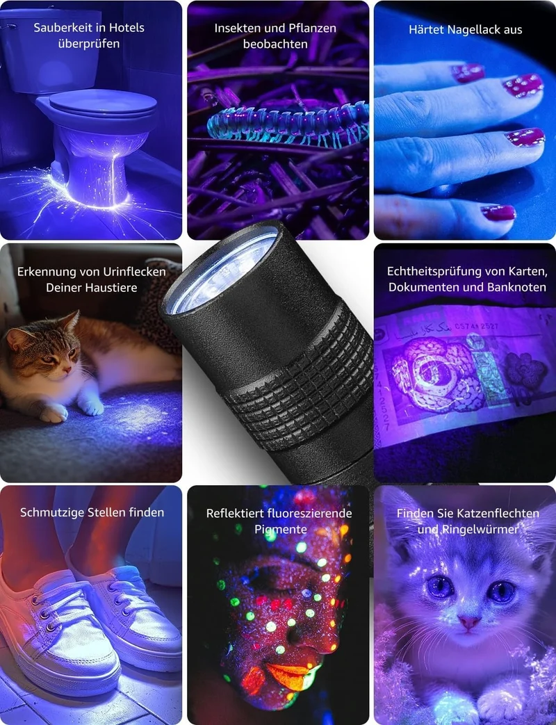 Lepro UV Taschenlampe, 365nm UV Lampe mit Clip, Batteriebetrieben Schwarzlicht Taschenlampe, Vielseitig & Tragbar Bernstein Lampe für Lecksuche, Haustierurin und Falschgeld-Erkennung (2 Stück)