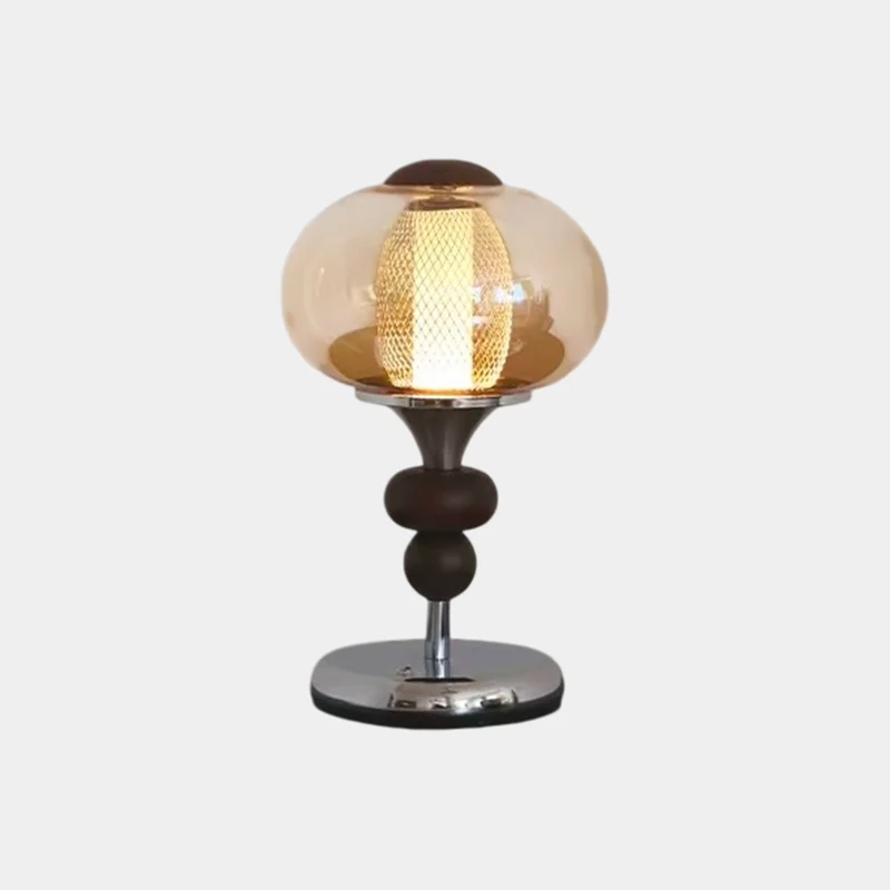 Amber Glass Table Lamp Vintage Globe Walnut Wood