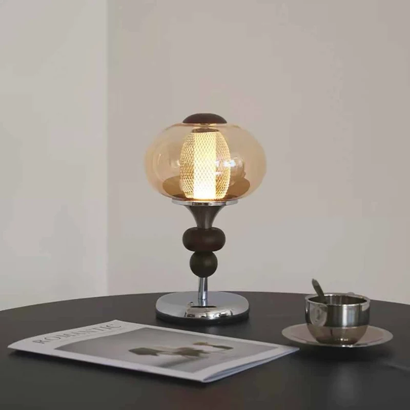 Amber Glass Table Lamp Vintage Globe Walnut Wood