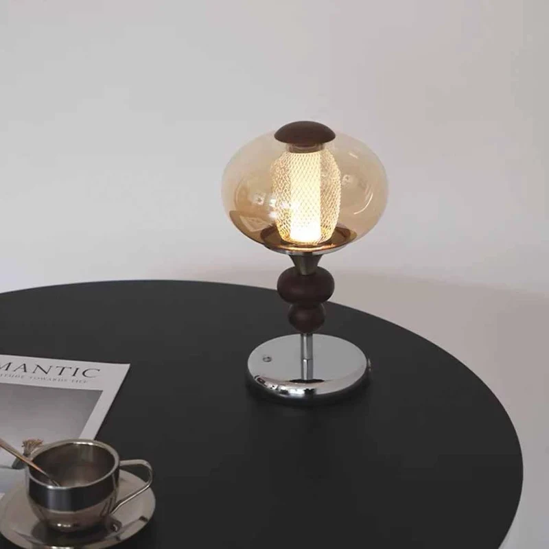 Amber Glass Table Lamp Vintage Globe Walnut Wood