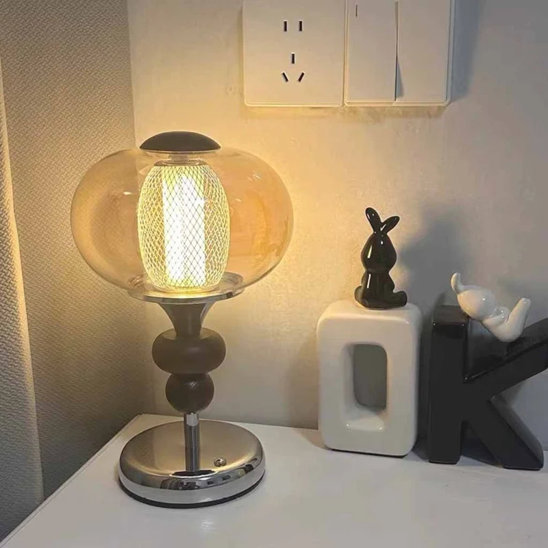Amber Glass Table Lamp Vintage Globe Walnut Wood