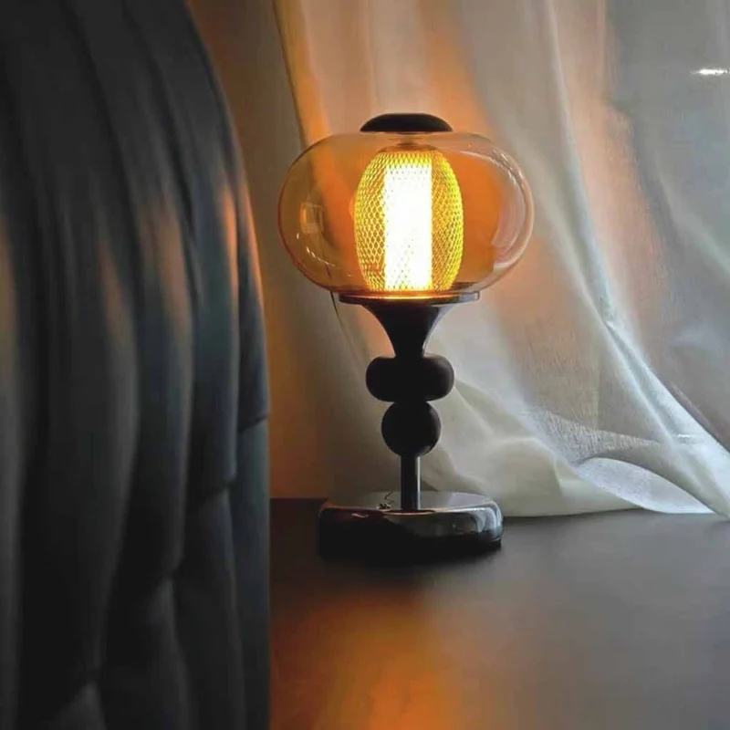 Amber Glass Table Lamp Vintage Globe Walnut Wood