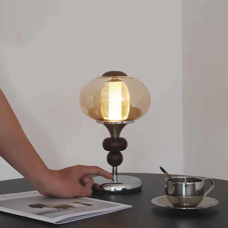 Amber Glass Table Lamp Vintage Globe Walnut Wood