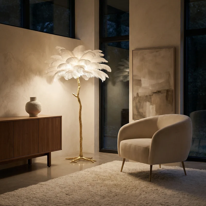 Stehlampe mit Federn – Glamour und handgefertigte Eleganz – Plumo