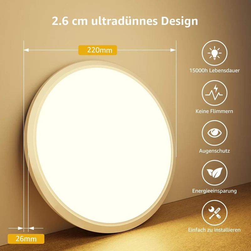 Lepro Deckenlampe 18W, IP44 Wasserfest Deckenleuchte，3000K 1800LM Badezimmer Lampe, Warmweiß Deckenleuchte Badezimmer, ideal Badezimmerlampe Decke für Bad Schlafzimmer Flur Küche Wohnzimmer, Ø22cm