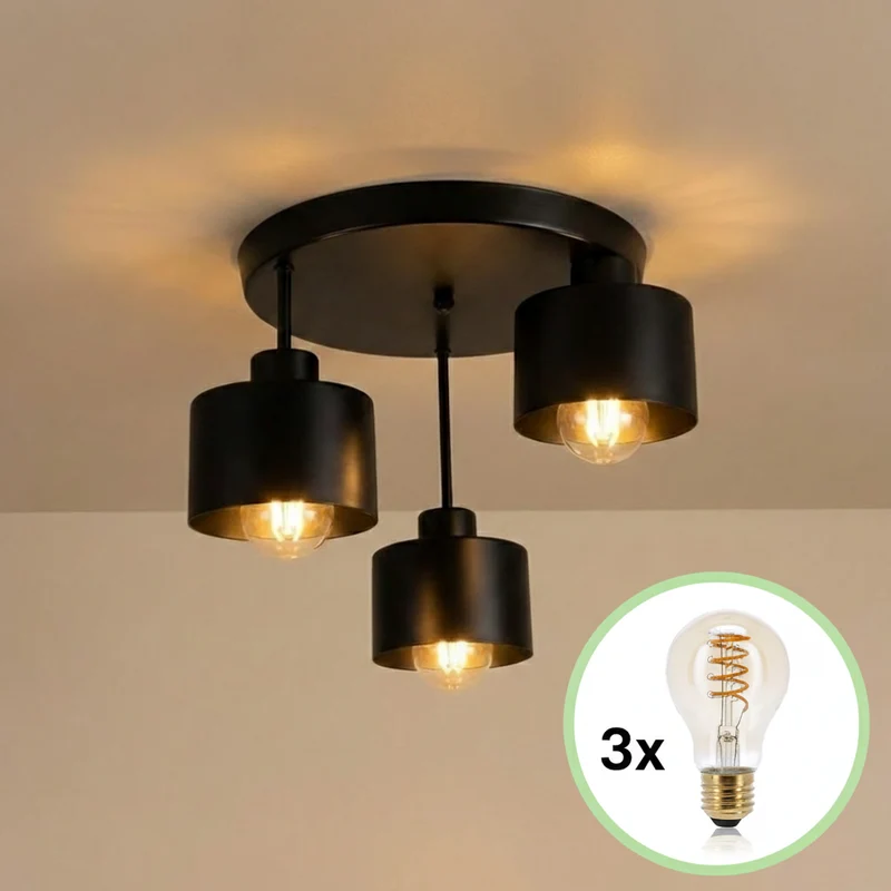 Deckenleuchte, schwarz | Metall | Ø 30 cm | Inkl. 3 extra warmweißer LED-Lichtquellen | Dimmbar