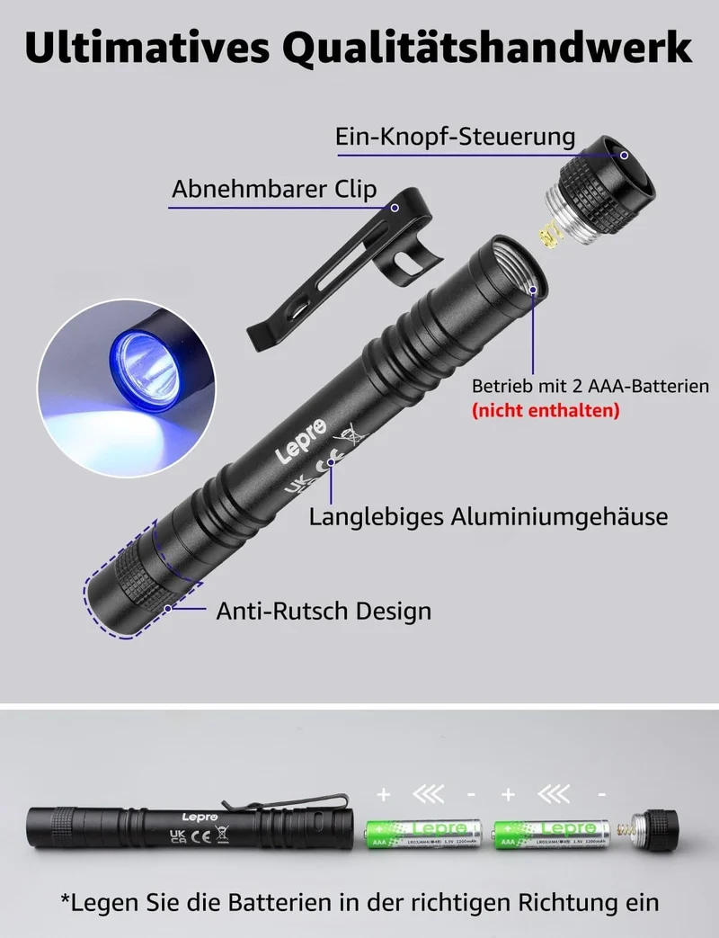 Lepro UV Taschenlampe, 365nm UV Lampe mit Clip, Batteriebetrieben Schwarzlicht Taschenlampe, Vielseitig & Tragbar Bernstein Lampe für Lecksuche, Haustierurin und Falschgeld-Erkennung