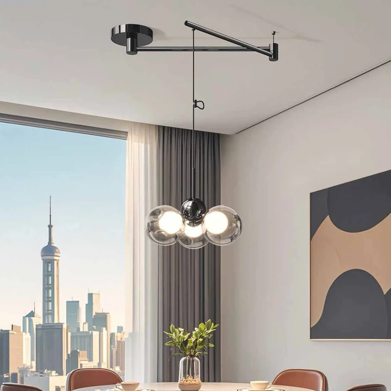 Swing Arm Pendant Light 360° Adjustable 3-Light Glass Globe