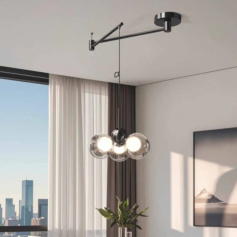 Swing Arm Pendant Light 360° Adjustable 3-Light Glass Globe