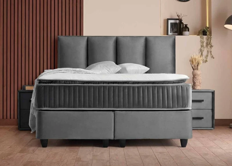 Casa Padrino Luxus Boxspringbett mit Kopfteil in Paneeloptik Grau 160 x 200 cm - Luxus Schlafzimmer Möbel