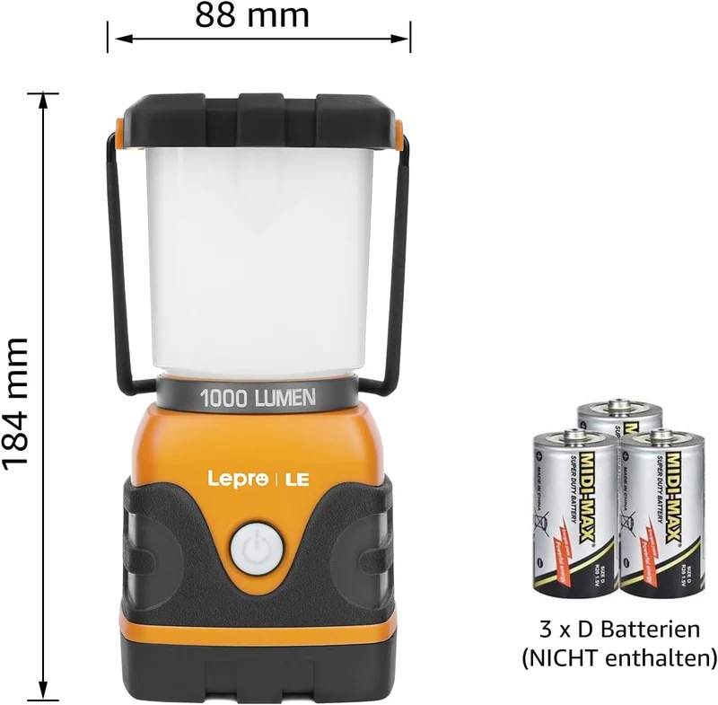 LE LED Campinglampe, Ultra Hell 1000 Lumen, 4 LeuchtmodiI Dimmbar Suchscheinwerfer, Batteriebetrieben Notfallleuchte f¨¹r Stromausf?llen, Wandern, Notfall, Ausf?lle und so weiter, 1 St¨¹ck, Orange