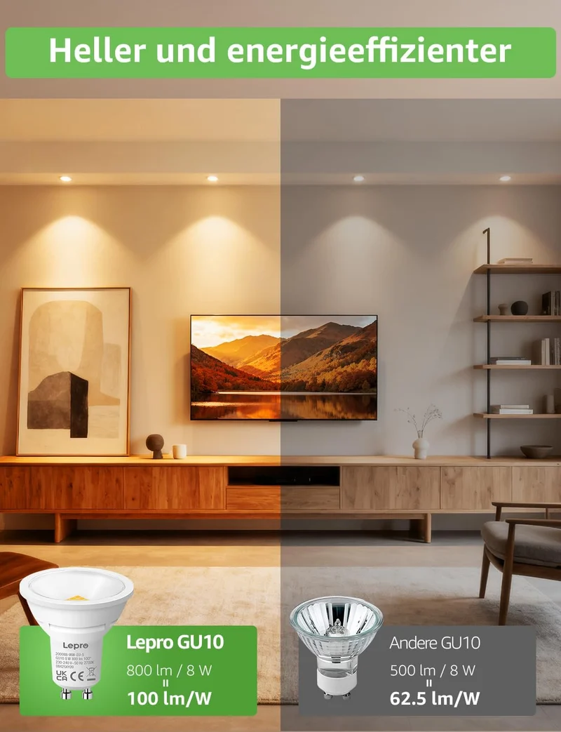Lepro GU10 LED Warmweiss 8W Lampe, 800 lm, 2700K Warmwei?, 100¡ã Abstrahlwinkel, Nicht dimmbar, Energiesparendes GU10 LED Leuchtmittel f¨¹r Flur, Eingangsbereich, Wohnzimmer, Schlafzimmer, 5 St¨¹ck
