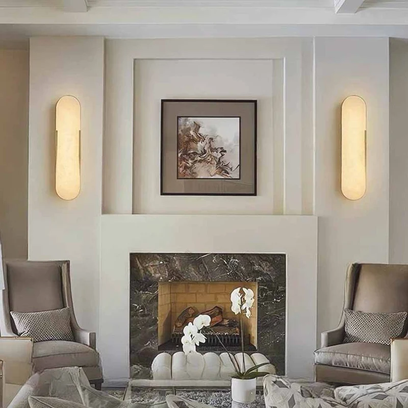 Oval Wall Lamp Marble Alabaster Indoor LED, Black / Gold