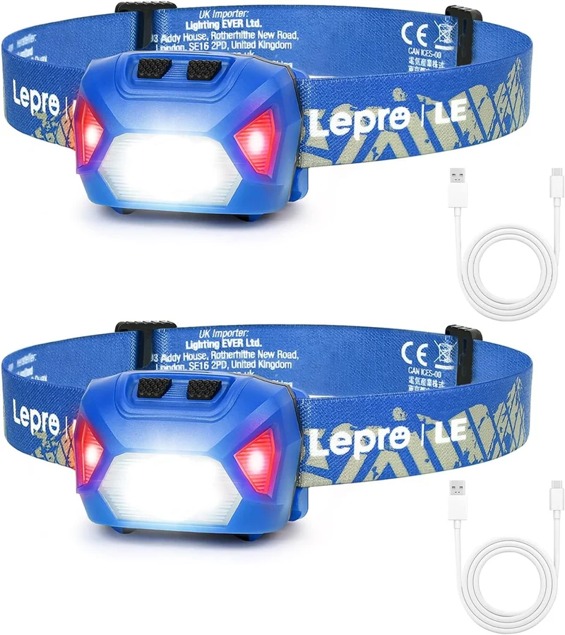 Lepro Stirnlampe LED Wiederaufladbar, 2000 Lux Superhell Kopflampe Stirnlampe mit Rotlicht und 6 Lichtmodi, IPX4 Wasserdicht Leicht Stirnleuchte, Ideal für Camping&Joggen, Blau