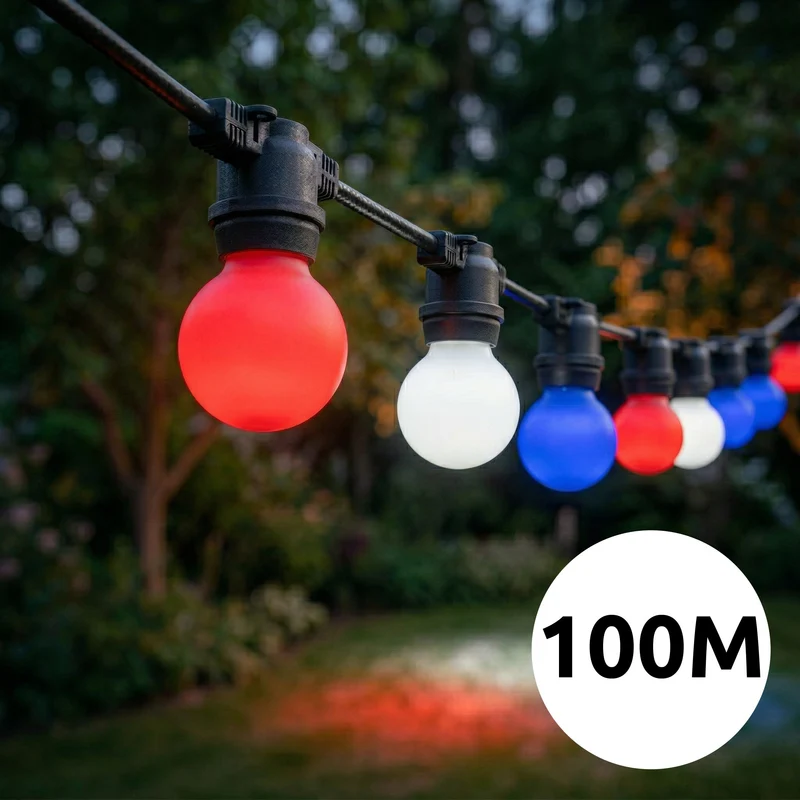 Rot-weiß-blaue Lichterkette | 100 Meter | inkl. farbiger Lampen