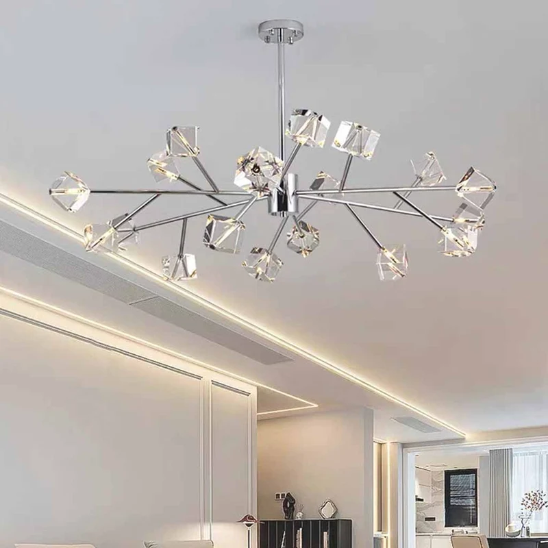 Molecule Chandelier Sputnik Crystal Cube, Chrome