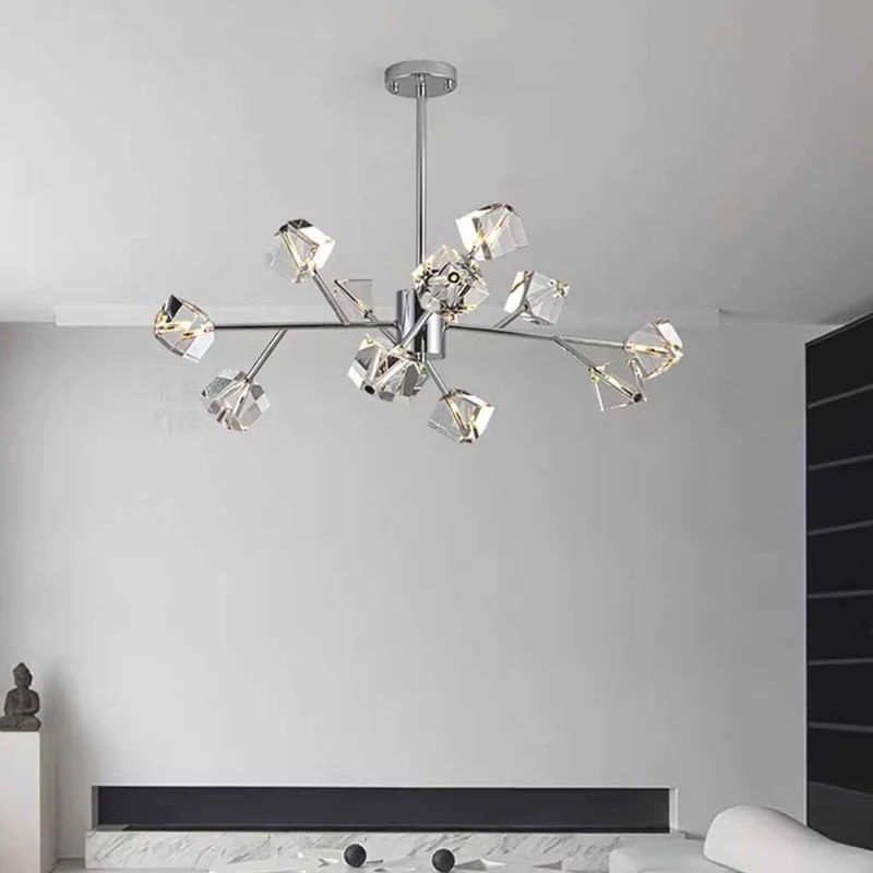 Molecule Chandelier Sputnik Crystal Cube, Chrome